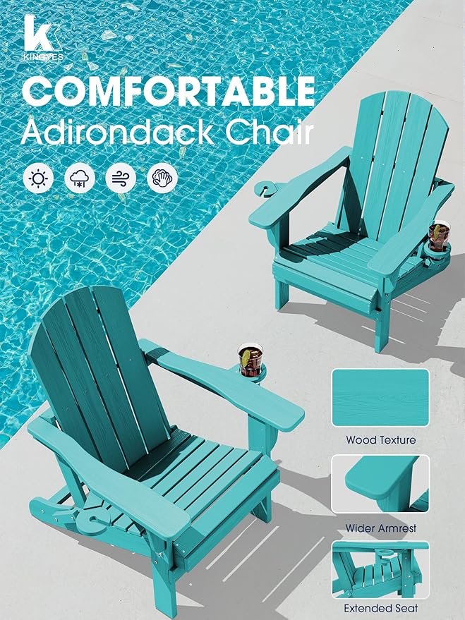 KINGYES Folding Adirondack Chair with Dual Cup Holders - HDPE All-Weather Outdoor Chairs, Wood-Like Patio Chair for Backyard, Camping, Pool & Fire Pit, Aruba