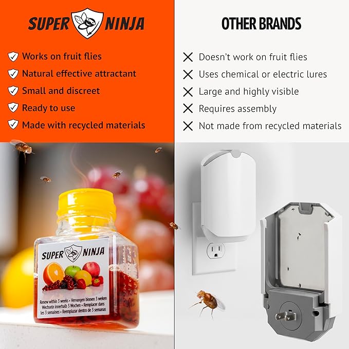 Super Ninja Fruit Fly Traps for Indoors - 4 Pack, Highly Effective Fruit Fly Catcher for Indoor Use for Home & Kitchen, Up to 3 Weeks of Performance per Bottle, Kid & Pet Friendly