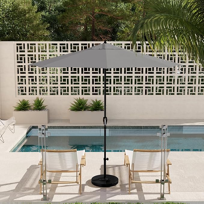 California Umbrella 9' Rd Aluminum Patio Umbrella, Crank Lift, Auto Tilt, Black Finish, Sunbrella Granite