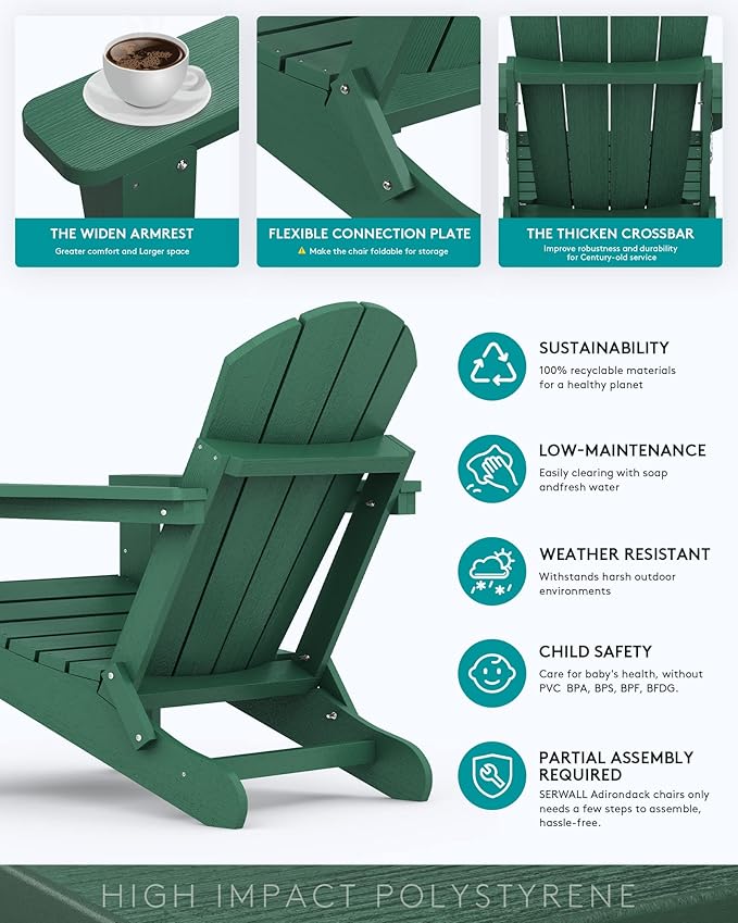 SERWALL Folding Adirondack Chair Painted Adirondack Chair Set of 8 Weather Resistant for Patio Deck Garden, Fire Pit & Lawn Furniture Porch - Green