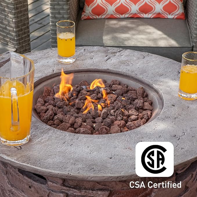 COSIEST Outdoor Propane Concrete Fire Pit Table w Imitation Stone Surface 32-inch Round Fire Table, Certified, 40,000 BTU Stainless Steel Burner, Free Lava Rocks, Fits 20lb Tank Inside