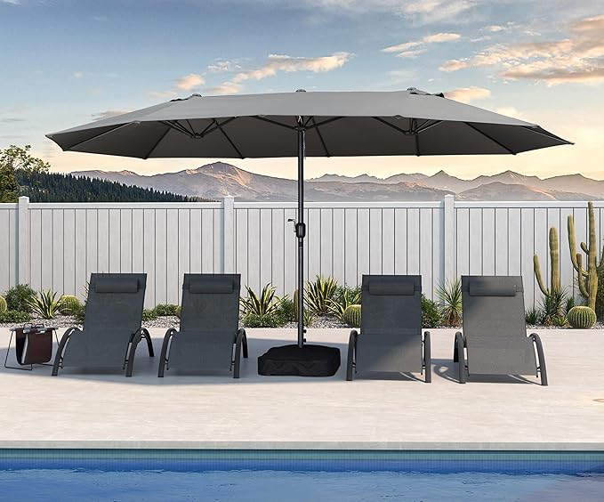 PURPLE LEAF 15ft Patio Market Umbrella with Base Double-Sided Rectangle Outdoor Table Sun Umbrellas with Crank 12 Heavy Duty Sturdy Ribs for Pool Beach Deck Backyard Gray