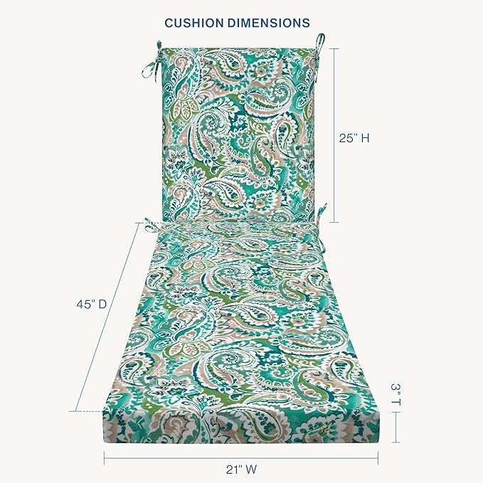 Honeycomb Outdoor Essentials Chaise Lounge, 21 x 70, Geneva Paisley Turquoise Chair Cushion for Patio Furniture