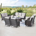 Belord Outdoor Wicker Furniture Patio Set - 7 Piece Backyard Furniture Brown Rattan Conversation Sets with Swivel Rocker Chairs, Rattan Sofa, Club Chairs and Coffee Table, Beige Cushion