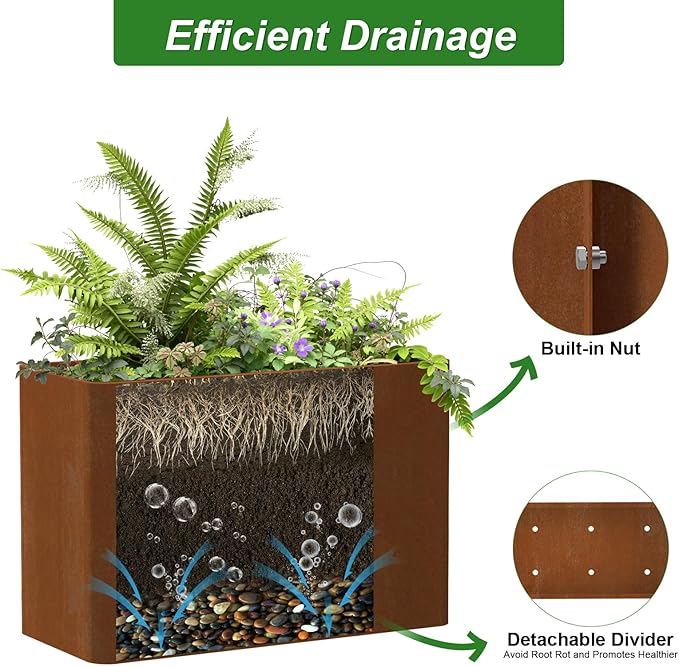 Corten Steel Planter Box 36" L x 15" W x 24" H,Heavy Duty Tall Rectangle Planter Box with Removable Insert Shelves & 4 Drainage Holes for Porch, Garden, Patio, Yard