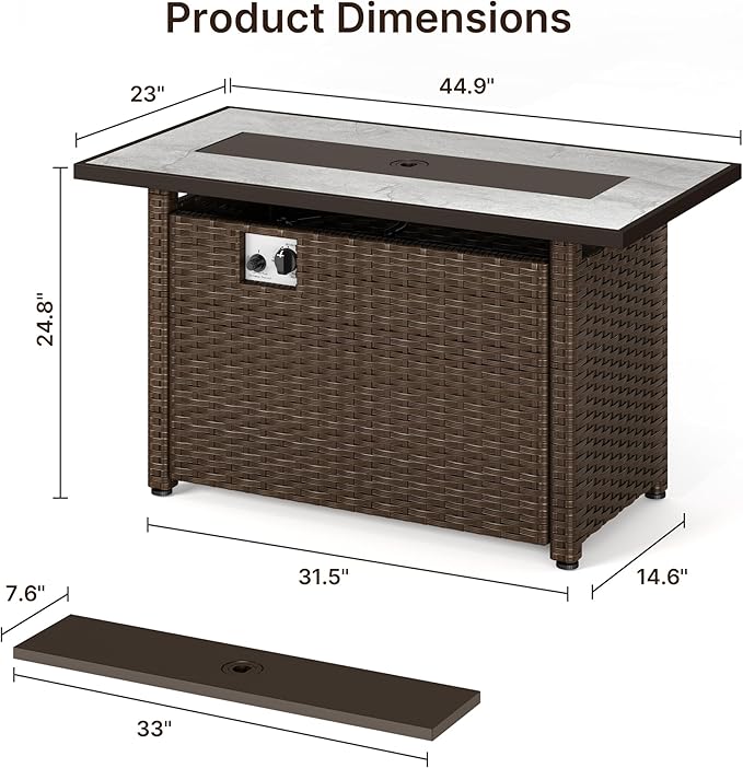 Gizoon 45" Gas Fire Pit Table, Propane Fire Pit with Glass Rocks, Waterproof Cover and Pe Rattan, Outdoor Patio Fire Pits for Backyard, Garden, Party