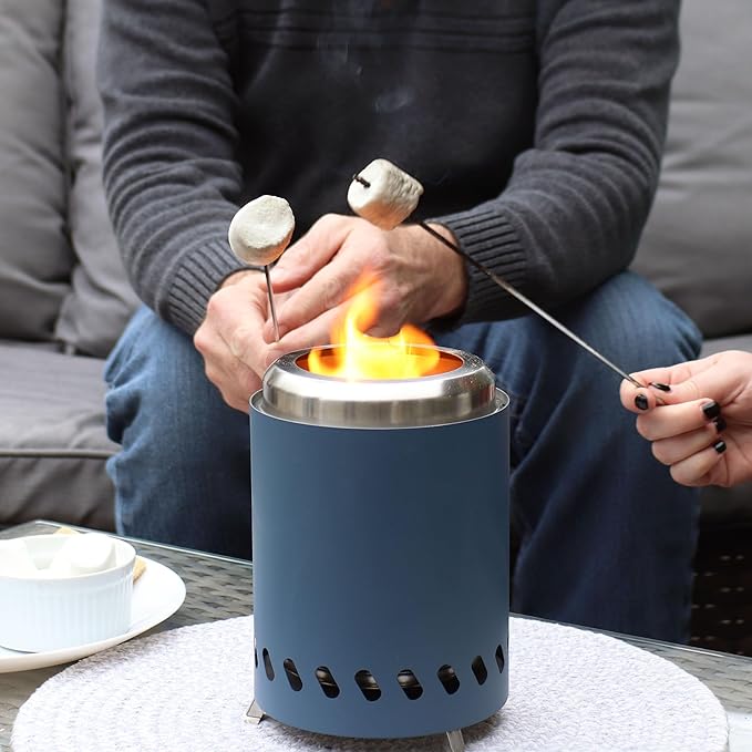 Sunnydaze Tabletop Smokeless Fire Pit with Foldable Legs, Storage Bag, and Poker - Pellet or Wood Burning Portable Fire Pit for Camping - 8-Inch H - Blue