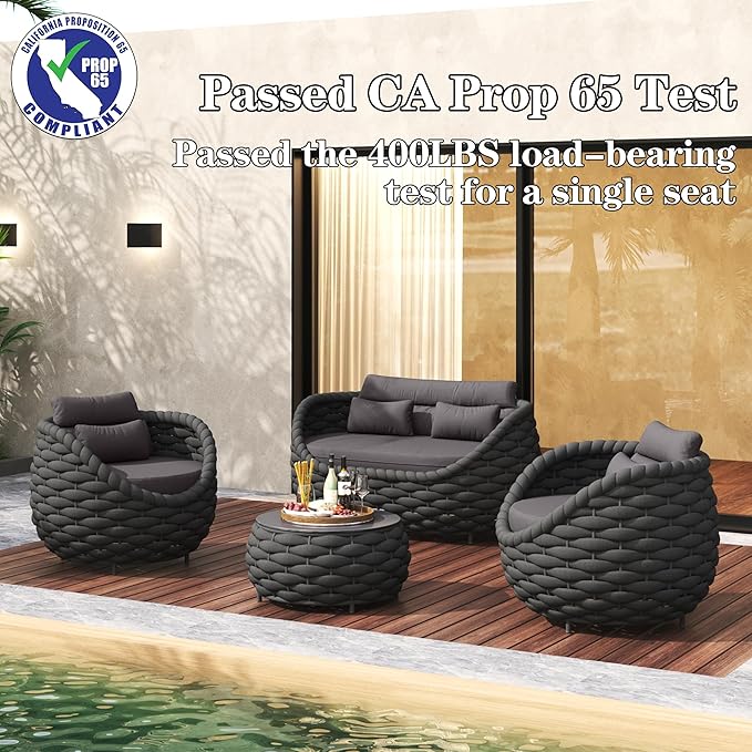 TWT 6 Pieces Patio Furniture Set Outdoor Rope Conversation Sectional Patio Sofa with 6 Seater for Backyard, Porch, Modern Armchairs with Thickness Cushions and Side Table, Dark Grey