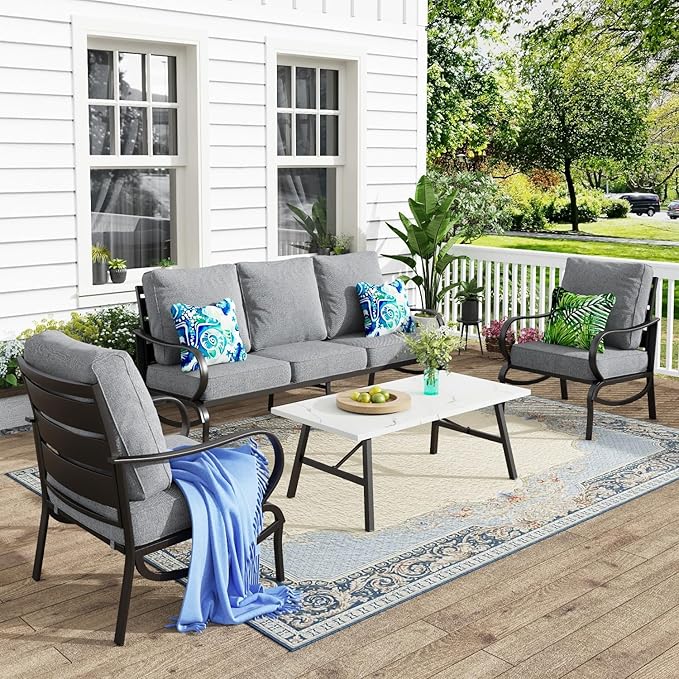 MFSTUDIO 4 Pieces Patio Conversation Set, 5 Seats Metal Patio Furniture Sets with 1 x 3-Seat Sofa, 2 Single Chairs,1 Coffee Table, All Weather Steel Patio Sets with 5.75inch Grey Cushion for Garden