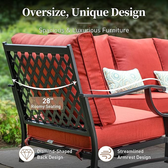 SUNSHINE VALLEY 6 Piece Metal Outdoor Patio Furniture Set with Firepit Table, Patio Conversation Set 1 3-Seater Sofa, 2 Swivel Chair, 2 Ottoman with 5.75" Thick Cushion, Black Backyard Furniture, Red