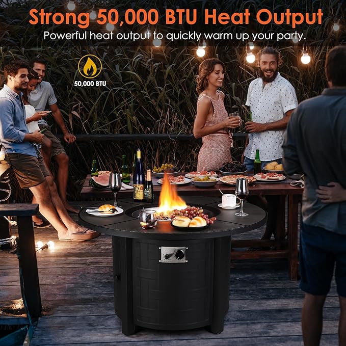 TLGREEN Propane Fire Pit Table 42in, 50,000 BTU Auto-Ignition Round Gas Fire Pits for Outside Patio, Fire Table with Waterproof Cover, Blue Stone and Lid