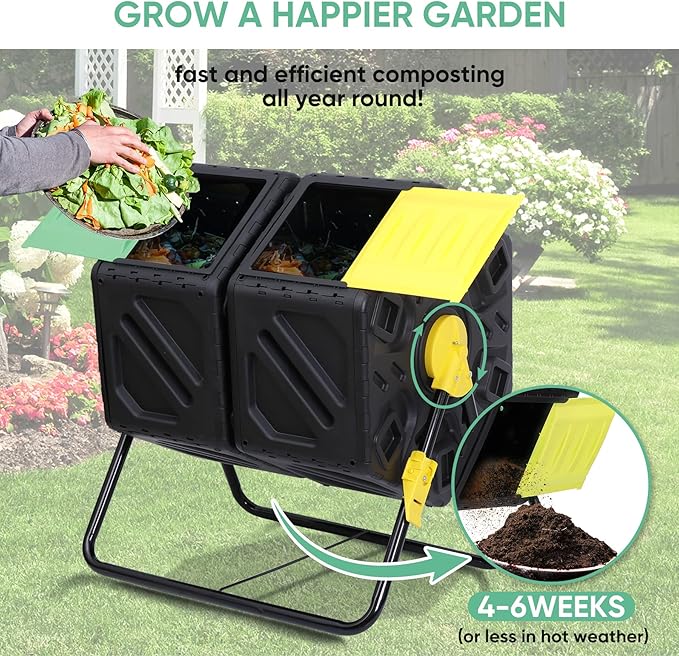 BBBuy Compost Bin Tumbling Composter Rotating w/ 2 Sliding Doors Compost Bin, Dual Chamber All Season Heavy Duty Outdoor Gardening Composting Tumblers Garden Yard (37 Gallon, Black)