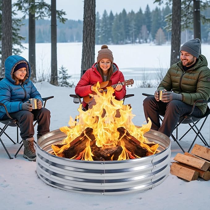 OLIXIS 5FT Round Fire Ring Pit, Outdoor Camp Firepit, Heavy Duty Galvanized Steel 60 Inch Foldable Outside Wood Burning Bonfire Fire Pit Ring for Camping, Backyard, Garden, Beach, Yard Gatherings