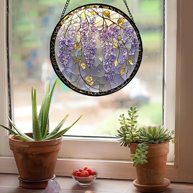 AMDERVEN Stained Glass Window Hanging - Wisteria Flower Golden Leaves Sun Catcher for Door Home Decor Plant Suncatcher Christmas Mother's Day Birthday Gifts for Women Men Lovers Mom Nana 6.3 in