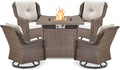 Outdoor Patio Swivel Gliders with Fire Pit Table 5 Piece Set - High Back Brown Wicker Rattan Rocking Chair with Thick Cushion for Porch Apartment Deck Yard Poolside Garden - Beige