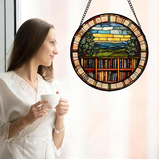 QZQCBLC Stained Glass Window Hanging Retro Books Scenery 9.8" - Abstract Suncatcher Door Garden Sun Catcher Home Decor Birthday Christmas for Mom Men Woman Nana Friend Wife