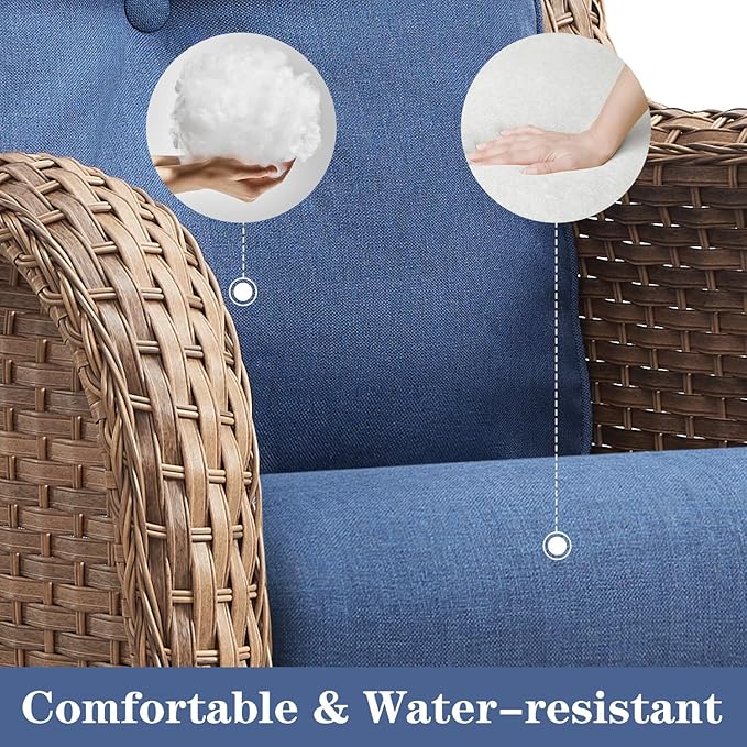 Belord Wicker Outdoor Furniture Patio Furniture Set - 6 Piece Patio Conversation Set with Swivel Rocker Chairs, Loveseat Sofa, Ottomans and Coffee Table, Blue Cushion
