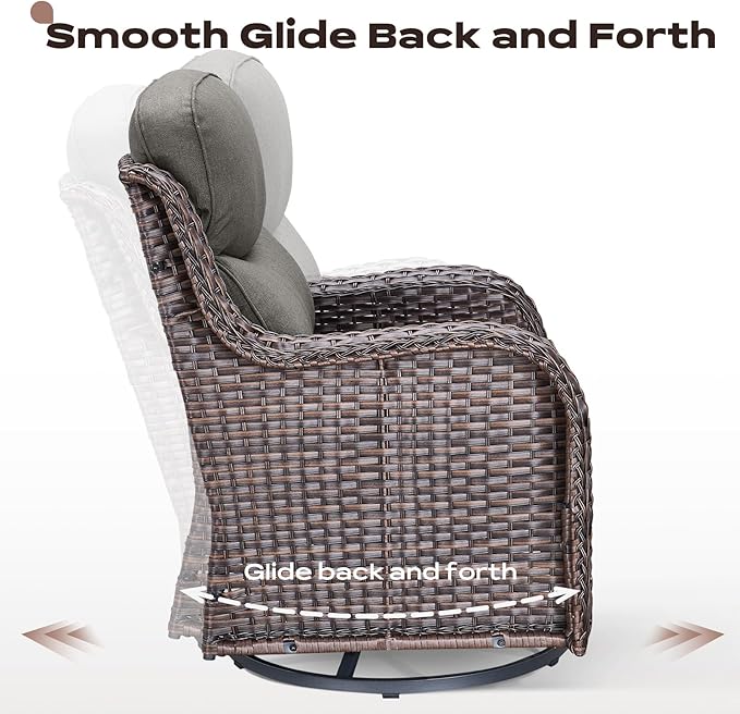 Rilyson Wicker Outdoor Patio Furniture Set - 4 Piece Patio Conversation Set with Swivel Rocker Chairs and Ottomans, 6 inch Cushions, High Back, Deep Seating, for Porch Deck Garden Brown/Grey