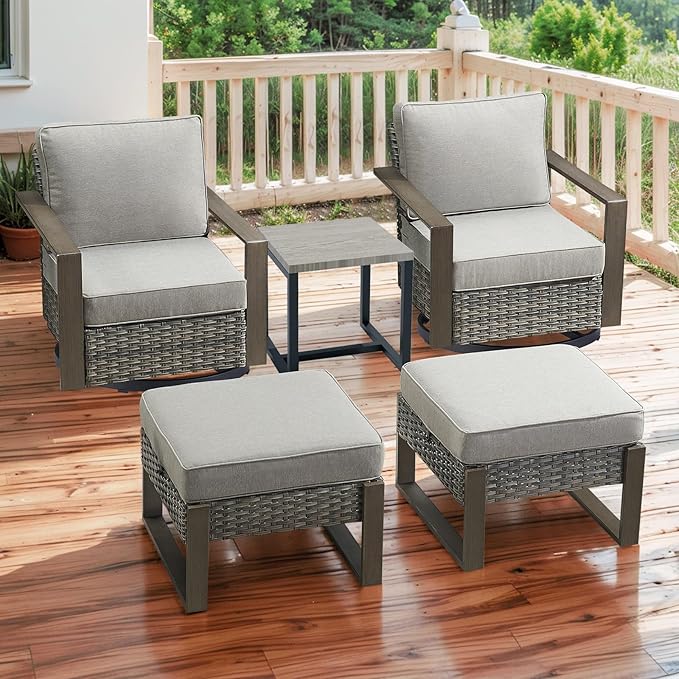 Rilyson Outdoor Wicker Patio Furniture Set - 5 Piece Patio Conversation Set with 2 Wicker Swivel Rocker Chairs,2 Ottoman, 1 Side Table, Thick Cushions, Deep Seating, Wide Armrest(Mixed Grey/Grey)