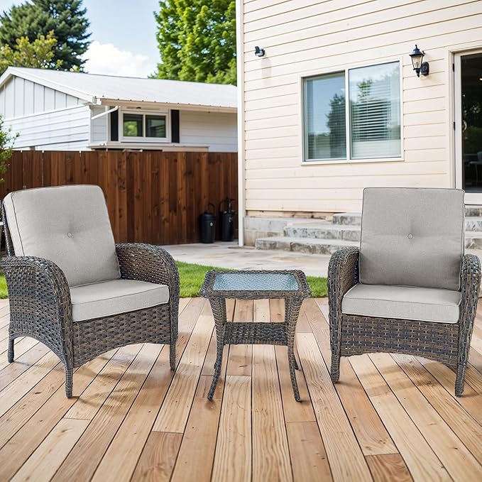 HUMMUH 3 Pieces Patio Furniture Set Outdoor Wicker Bistro Rattan Chairs with Glass Top Side Table and Thickened Cushions for Porch Deck Backyard Poolside