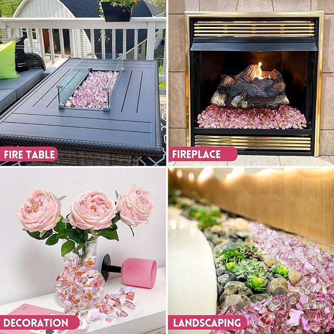 GasSaf 1/2 Inch Fire Glass Reflective Tempered Fireglass Cut Crushed FireGlass for Fire Pit, Fireplace, Replaces Existing Gas Logs & Lava Rocks (10 Pound)(Rose Gold Reflective)