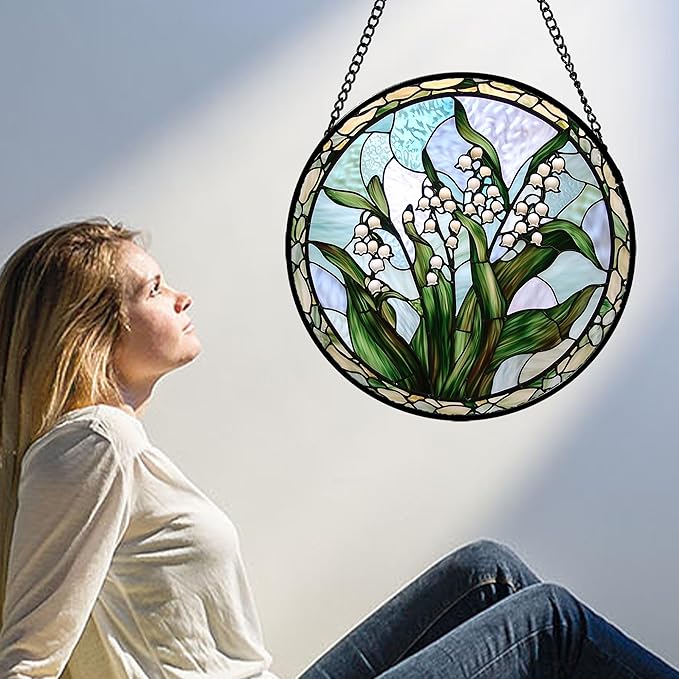 AMDERVEN Stained Glass Window Hanging, White Green Lily of The Walley Flowers Sun Catcher for Door Home Decor Plants Suncatcher Christmas Mother's Day Birthday Gifts for Women Men Mom Nana 7.8 in