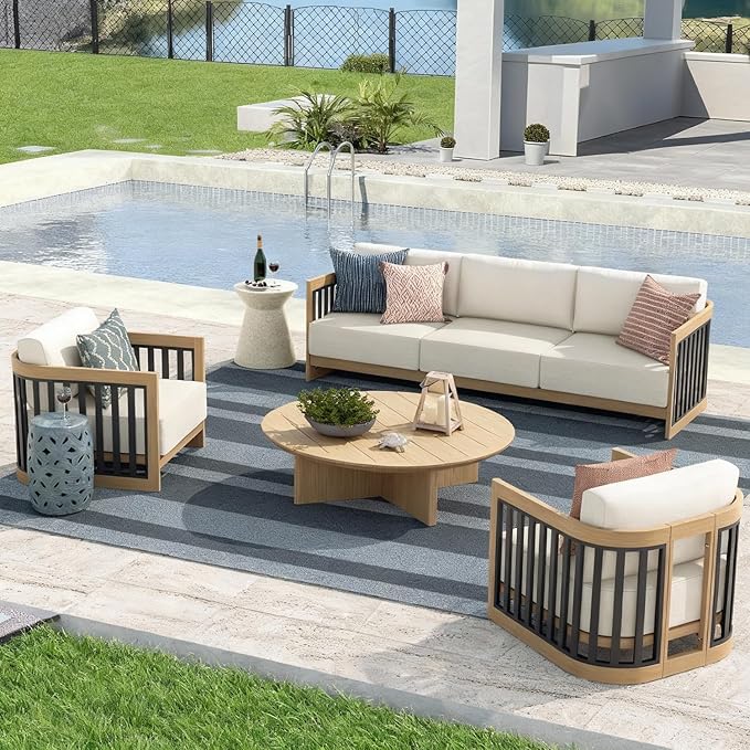 Ulax furniture Patio Aluminum Conversation Set, Sectional Sofa Set with Cushions, Round Table