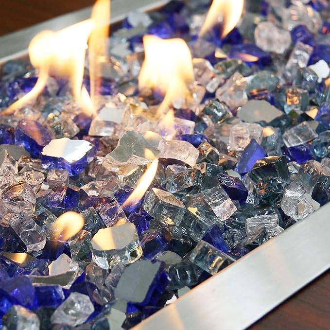 Grisun 10 Pound Fire Glass for Fire Pit - 1/2 inch Reflective Fire Glass Rocks, Decorative for Fireplace and Fire Table, Blend of Cobalt Blue, Caribbean Blue and Platinum