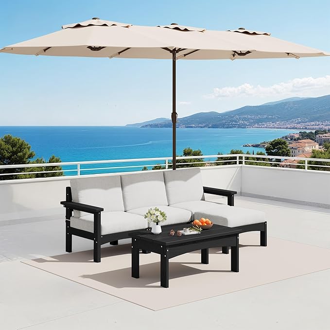 SERWALL 5-Piece Patio Sofas with 15FT Double Side Patio Umbrella, All-Weather HDPE Outdoor Sectional Sofa, Large Modular Patio Conversation Set for Garden, Deck, Porch, Black Frame with Khaki Cushion