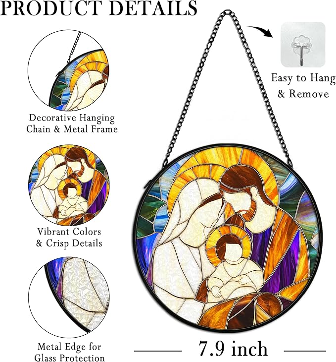cvjutf Christian Baby Jesus Nativity Suncatcher Stained Glass Window Hanging Decor, Christian Christmas Stained Glass Wall Decor Gifts, Nativity Scene Garden Lawn Sun Catchers Window Art, 7.9x7.9In