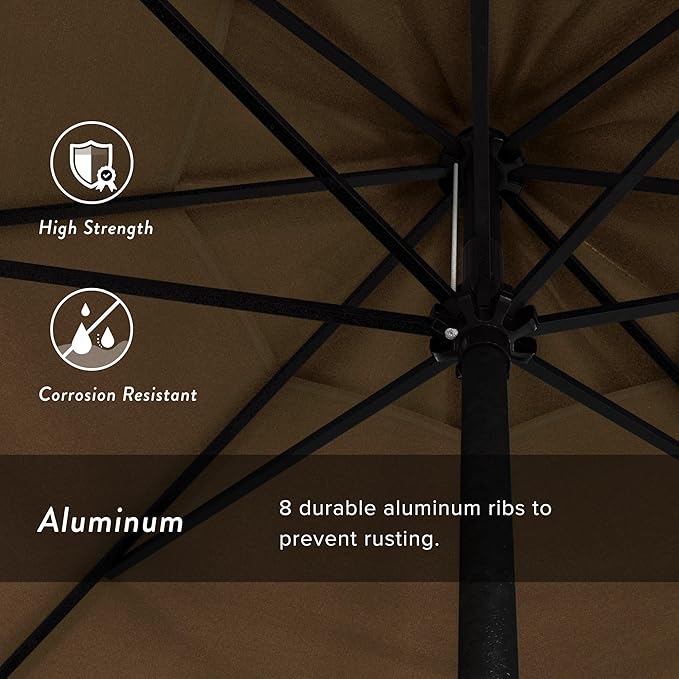 California Umbrella 9' Rd Aluminum Patio Umbrella, Crank Lift, Auto Tilt, Black Finish, Sunbrella Heather Beige