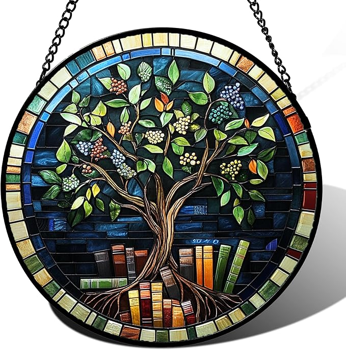 QZQCBLC Stained Glass Window Hanging Green Life Tree Berry Book Large 15" - Blue Suncatcher Door Garden Sun Catcher Home Decor Birthday Christmas for Mom Men Woman Nana Friend