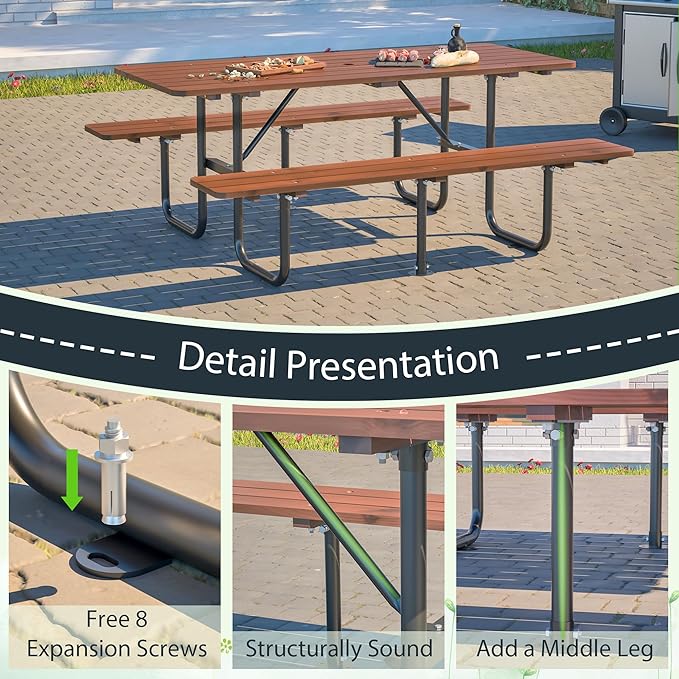 Rueekfil 72" Rectangular Commercial Picnic Table with Wooden Top, Metal Legs, Durable Outdoor Dining Table Camping Table with 1.97" Umbrella Hole for School, Warehouse, Brown