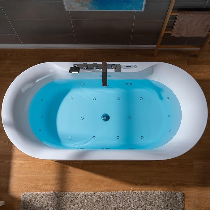 WOODBRIDGE 72" x 35-3/8" Whirlpool and Air Bath Heated Soaking Combination Tub with Adjustable Speed Air Blower, Tub Filler and Display Control Panel, White,BJ-600+F0041
