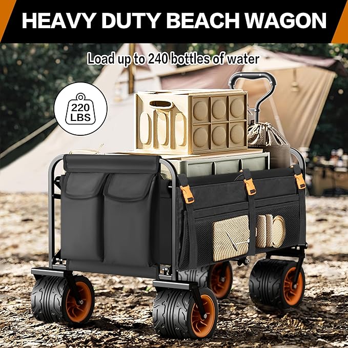 Highpro Heavy-Duty Folding Beach Cart with Extra Large 150L Capacity, 360° Locking Brakes, Waterproof Fabric, and 6 Storage Pockets – Holds Up to 320 lbs for Camping, Beach, and Outdoor Use