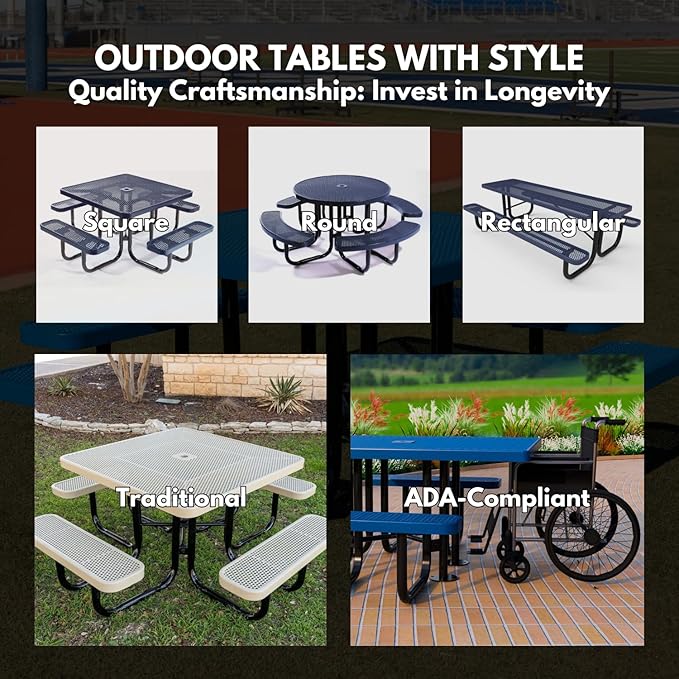 COATEDOUTDOORFURNITURE Heavy-Duty Portable Outdoor Picnic Table with Umbrella Hole, Punched Steel Commercial-Grade Patio Dining Furniture Made in America (46" Round Top, Textured Sandstone)