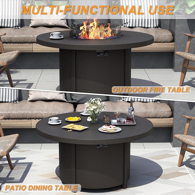 Kurapika 5 Piece Metal Outdoor Patio Furniture Set with Round Fire Pit Table, Patio Conversation Sets 4 Fixed Chairs with Thick Cushion and 40000 BTU Fire Pit Table, Navy Blue