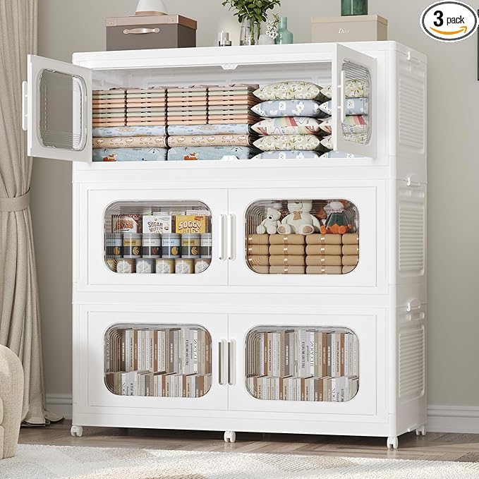 150Gal Exra Large Stackable Storage Bins with Lid, 600QT Collapsible Storage Box with 6x Wheels, Folding Plastic Cabinet Container with Door Drawer for Home Kitchen Office Dorm, 3Pack White