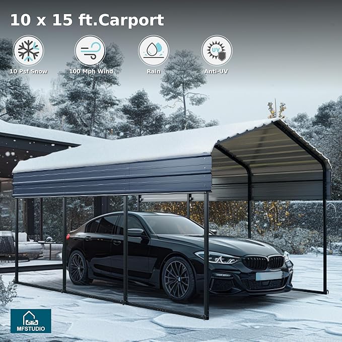 MFSTUDIO Carport 10x15 ft, Outdoor Heavy Duty Metal Shed Carports, Metal Garage Car Shelter Shade Car Port with Galvanized Roof, Frame and Bolts for Cars, Truck and Boats