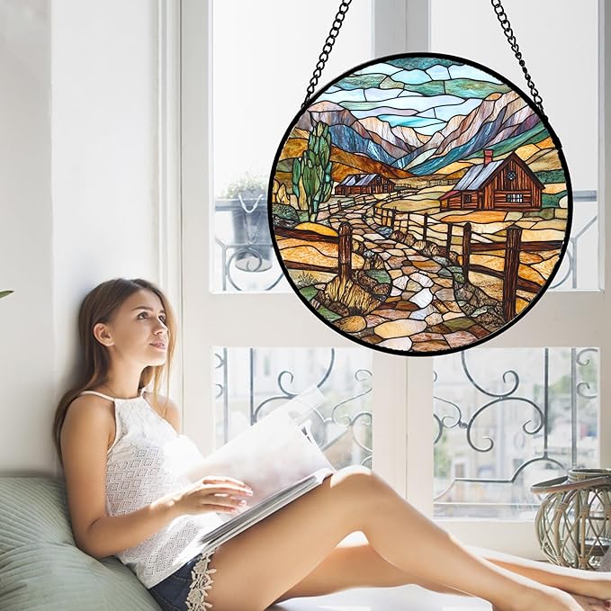 QZQCBLC Stained Glass Window Hanging Mountain Ranch Rural Life Large 15" - Cactus Suncatcher Door Terrace Garden Sun Catcher Home Decor Birthday Christmas for Mom Men Woman Friend