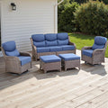 Rilyson Wicker Outdoor Patio Furniture Set - 5 Piece Patio Conversation Sets with Swivel Rocker Chairs, Ottomans and Sofa, 6 inch Cushions, Waterproof Wicker, for Porch Deck Brown/Blue
