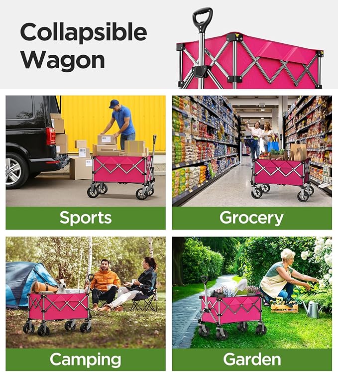 Collapsible Folding Wagon Cart with Large Wheels & 150L Capacity | Heavy-Duty Foldable Utility Wagon for Groceries, Camping, Beach, Sports & Garden Use | Compact Storage, No-Tool Setup-Pink