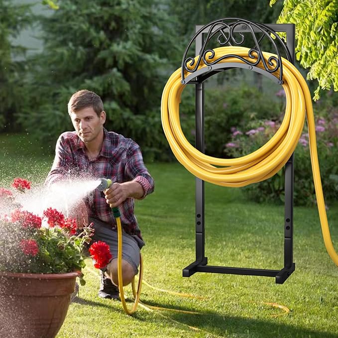 GREENER Garden Hose Holder GREENER Detachable Water Hose Holder Freestanding Heavy Duty Metal Hose Hanger Holds 150-feet Hose,Outdoor Hose Holder Storage For Outside Yard Lawn,Black