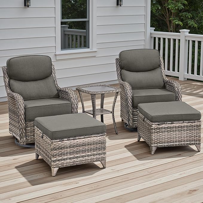 Rilyson Wicker Outdoor Patio Furniture Set - 5 Piece Patio Conversation Sets with Swivel Rocker Chairs, Ottomans and Side Table, 6 inch Cushions, Waterproof Wicker, for Porch Deck Mixed Grey/Grey
