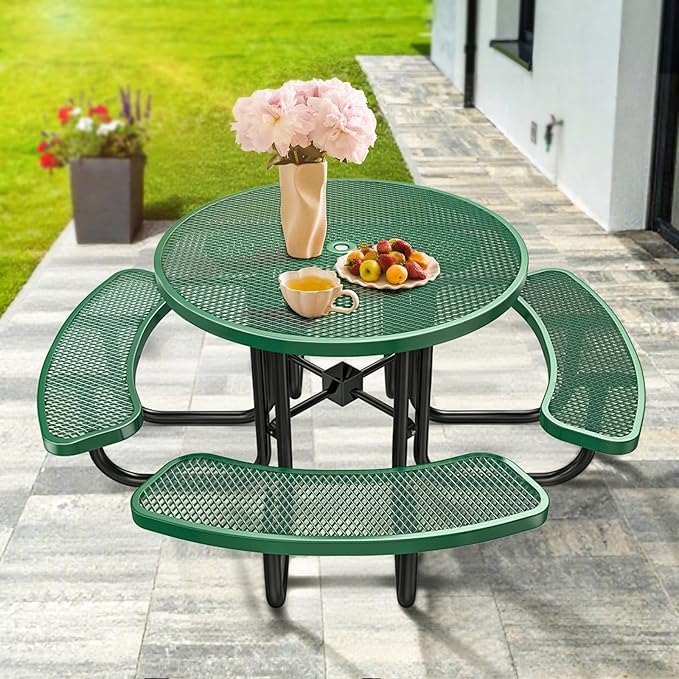46" Round Top Outdoor Picnic Table Set for Up to 8 Persons, Outside Table Set with 4 Built-in Benches, Metal Commercial-Grade Dining Furniture with Umbrella Hole for Garden, Backyard, Porch, Green
