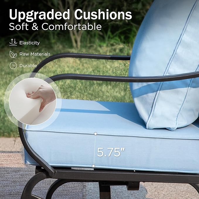 PHI VILLA Patio Furniture Set with Fire Pit Table,1x 3-Seat Wide Deep Seating Bench Sofa, 4 Swivel Sofa Chair, 1 Fire Pit Table,Outdoor Conversation Set for 9,Light Blue