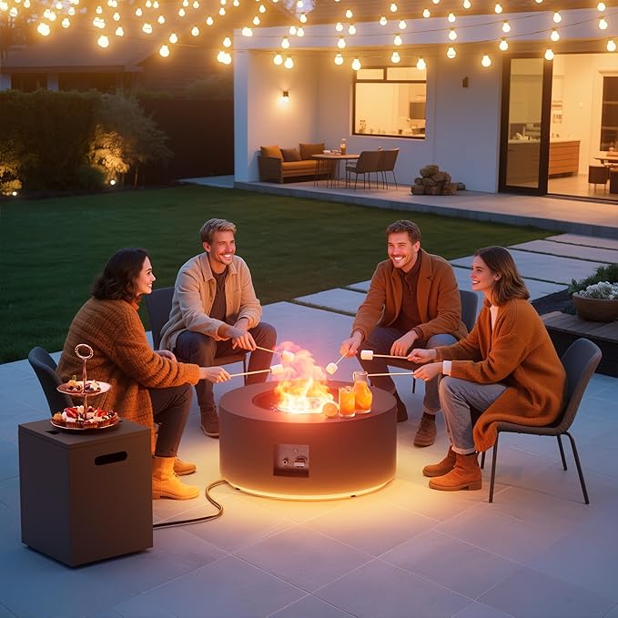 Dineli 2-Piece Outdoor Propane Fire Pit Table Set w Tank Table 30'' Round Fire Pit Table 2-in-1 Firepit Table for Outside Patio Gas Fire Pit w LED, 50,000 BTU, Dark Gray with Warmlight