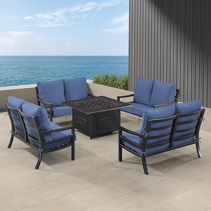 Oakland Living Black Aluminum Patio Fire Table Set with Four Deep Seating Loveseat with Cushions with Blue Cushions