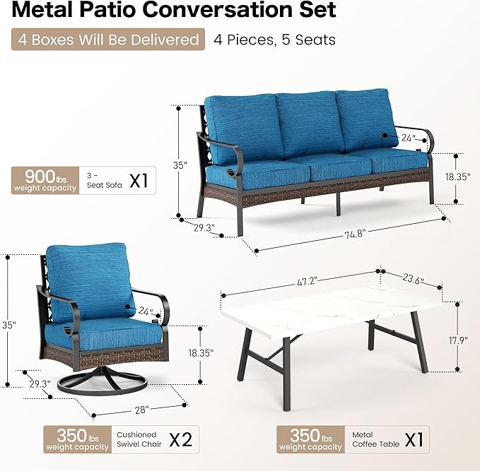 SUNSHINE VALLEY 4 PCS Metal Outdoor Patio Furniture Set, Patio Conversation Sets 1 3-Seater Sofa, 2 Swivel Chairs with 5.75" Extra Thick Cushion & Coffee Table, Black Frame Backyard Furniture, Blue-2
