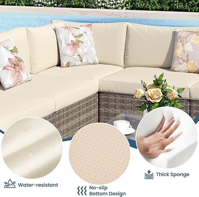 Green4ever 8 Pieces Outdoor Patio Furniture Set with 43" Fire Pit Table, Wicker Outdoor Patio Sectional Sofas Coffee Table, All-Weather Patio Conversation Set with Cushions for Garden Backyard, Beige